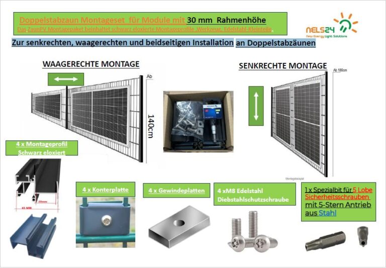 Zaun-Solaranlagen. Doppelstabzaun Montageset für Module mit 30 mm Rahmenhöhe